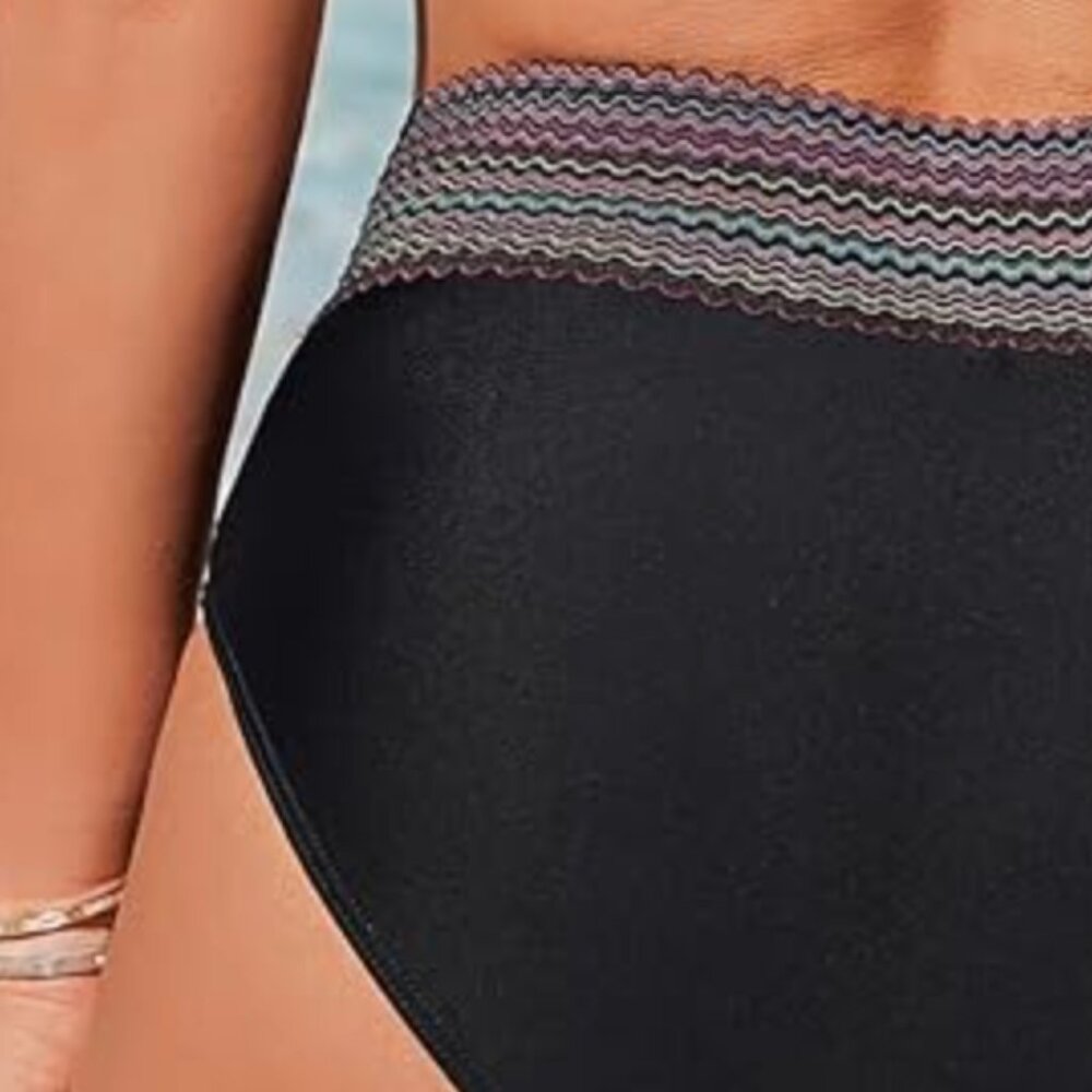 (S) NWT 2  PIECE Scallop Edged Top w/ High waisted bottom Thick Colorful Bands - Picture 6 of 14